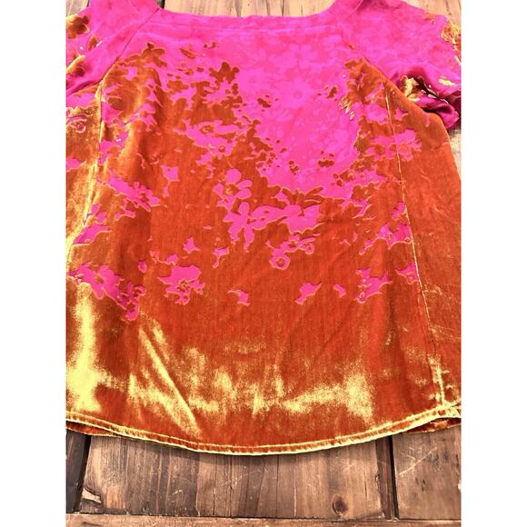 Anthropologie Maeve Ombre Shimmer Tee Top Blouse XS Floral Pink Gold Silk Blend - Picture 13 of 13
